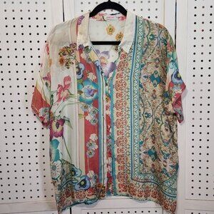 Johnny Was 100% Silk XS Oversized Short Sleeved Relaxed Fit Patchwork